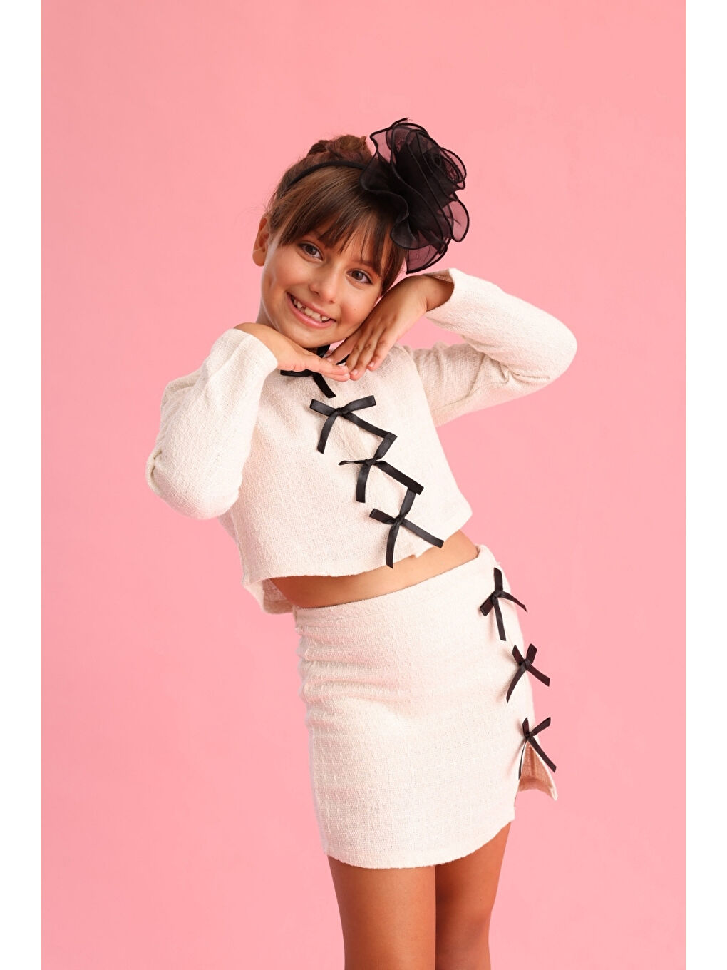 Ekru Krem  Fiyonk Detaylı Kız Çocuk Etek Ceket Takım - Silvana-1