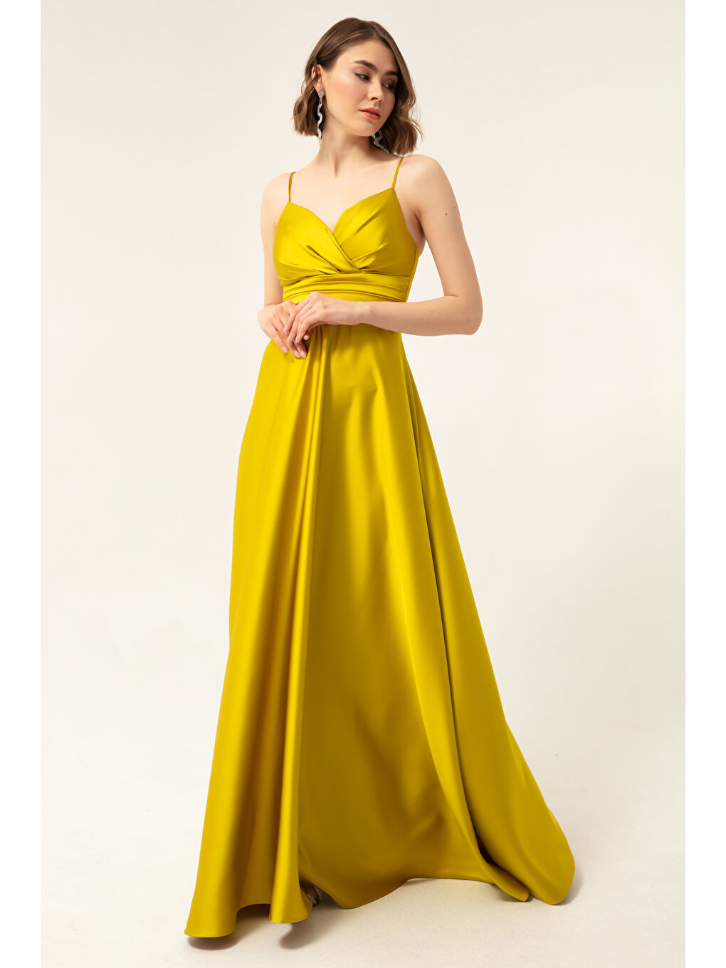 Kadın Fıstık Yeşili  İp Askılı Bel Kemerli Saten Uzun Abiye & Mezuniyet Elbisesi-2