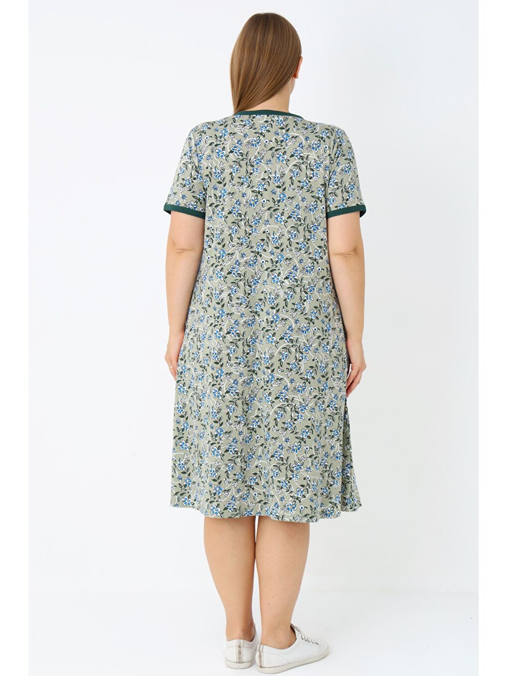 Turkuaz Kadın Büyük Beden Pamuklu Boydan Fermuarlı Cepli Biyeli Kısa Kollu Elbise-4