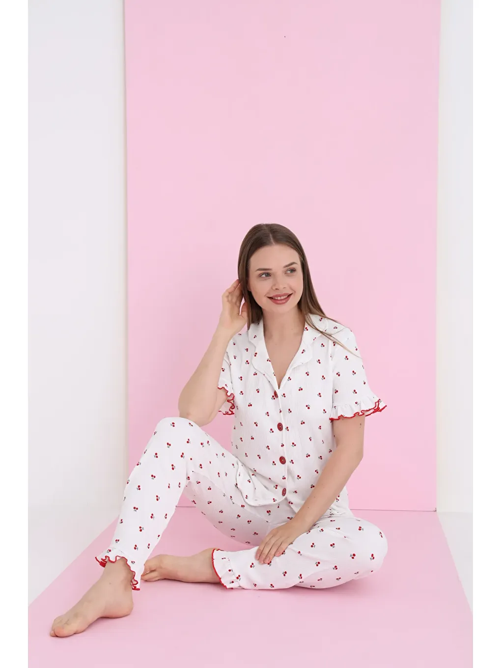 Beyaz Bürümcük Düğmeli Pijama Takım 7039-3