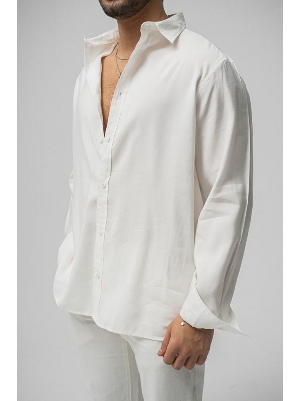 Erkek Beyaz Düz Keten Oversize Gömlek-1