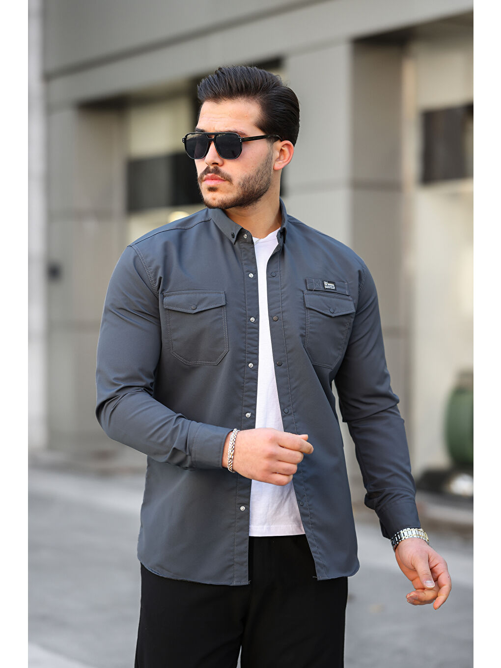 Antrasit Erkek Çift Cep Paraşüt Kumaş Gömlek