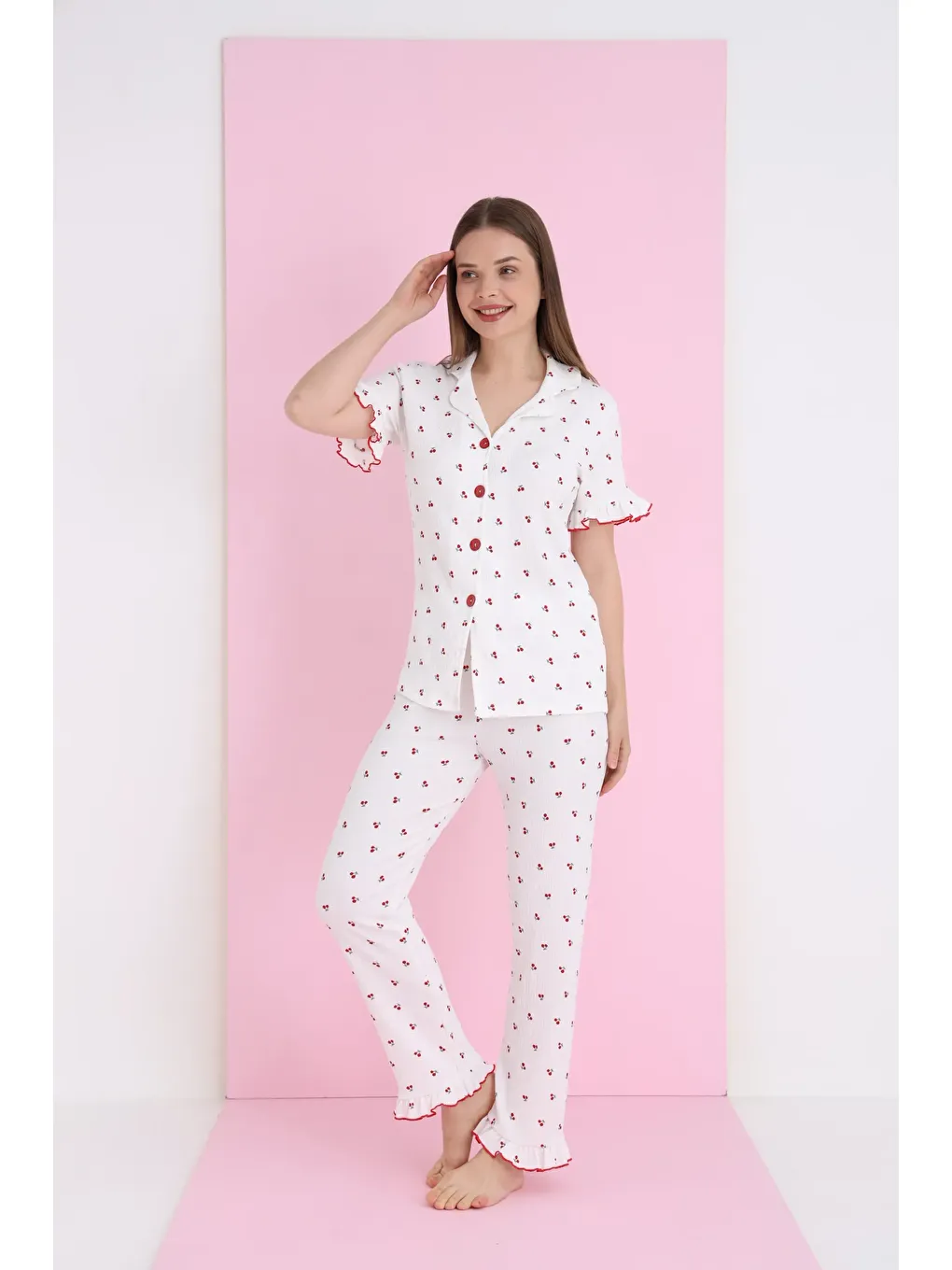 Beyaz Bürümcük Düğmeli Pijama Takım 7039-3-1
