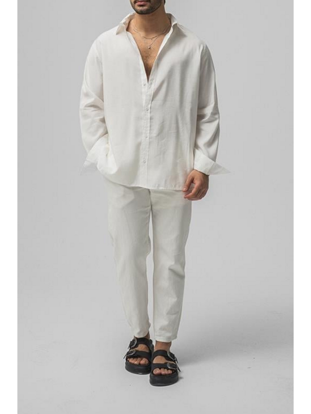 Erkek Beyaz Düz Keten Oversize Gömlek-2