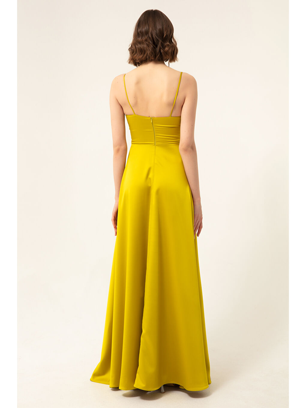 Kadın Fıstık Yeşili  İp Askılı Bel Kemerli Saten Uzun Abiye & Mezuniyet Elbisesi-4