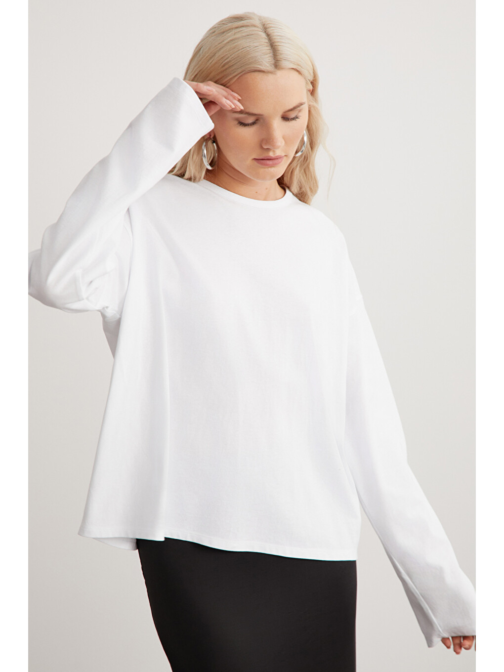 Beyaz BASIL Kadını Oversize %100 Organik Pamuk Örme Uzun Kol BEYAZ T-Shirt-3