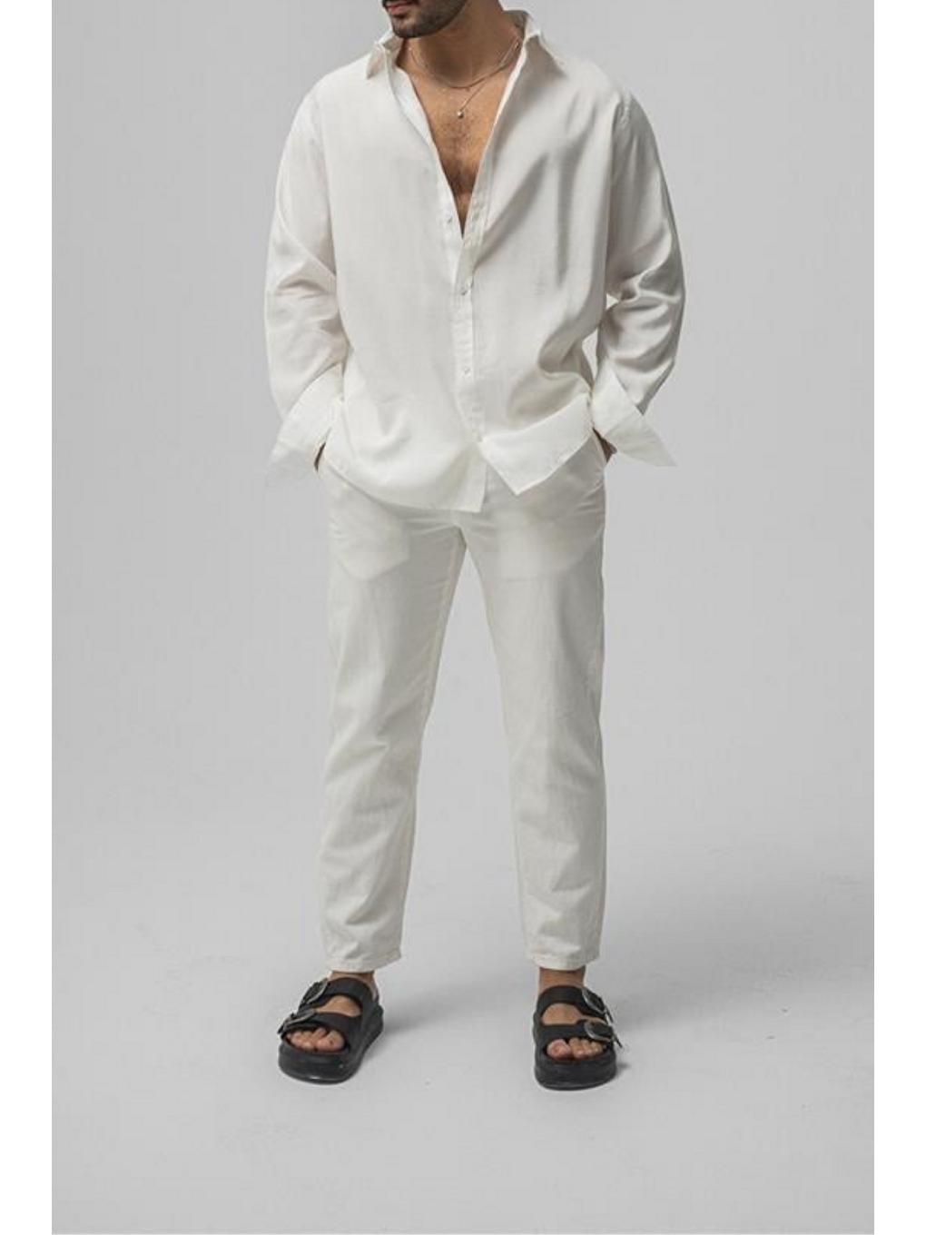 Erkek Beyaz Düz Keten Oversize Gömlek-3