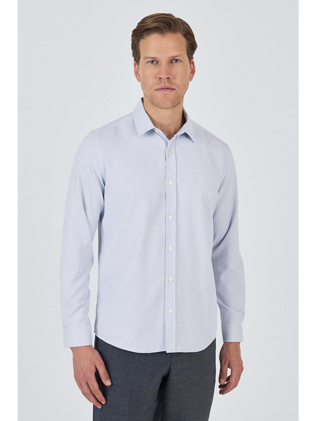 Lacivert Uzun Kol Desenli Armürlü Sert Yaka Cepsiz Pamuklu Classic Slim Fit Gömlek 1004250184-1