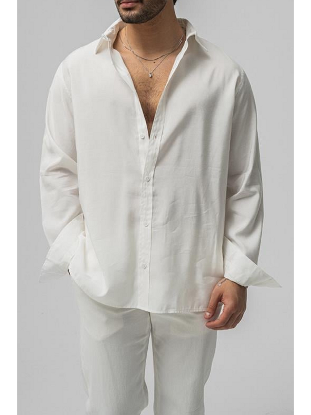 Erkek Beyaz Düz Keten Oversize Gömlek-4
