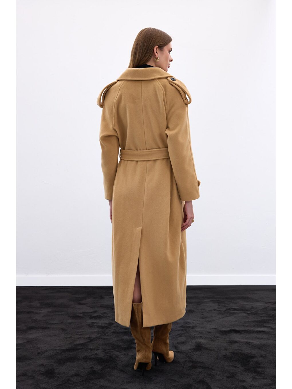 Kahverengi Geniş Yaka Uzun Kaban - Camel-7