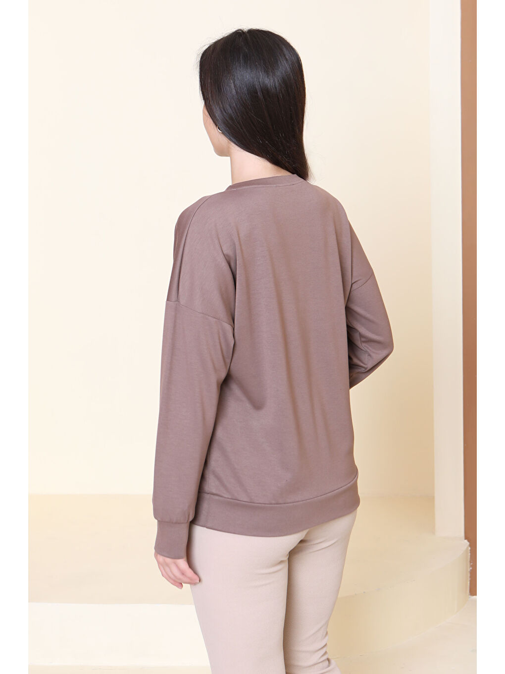 Bej Kuş Nakışlı Modal Sweatshirt Vizon - 27882-VIZON-3