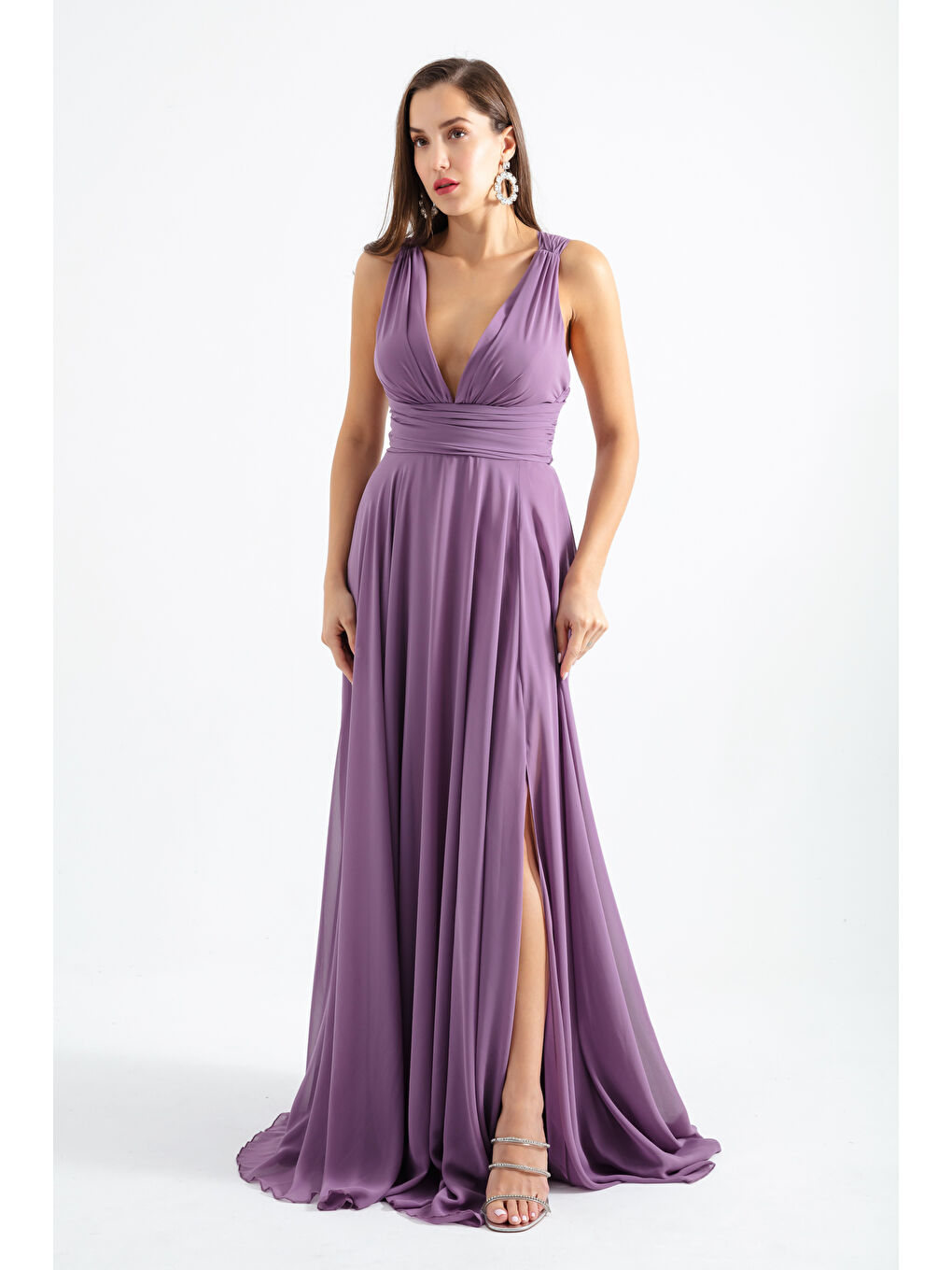 Lila Kadın Lavanta Sırtı Çapraz Askılı Yırtmaçlı Şifon Uzun Abiye Elbise-1