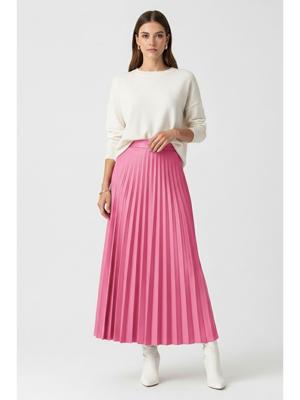 Deri Görünümlü Piliseli Pembe Maksi Etek-1