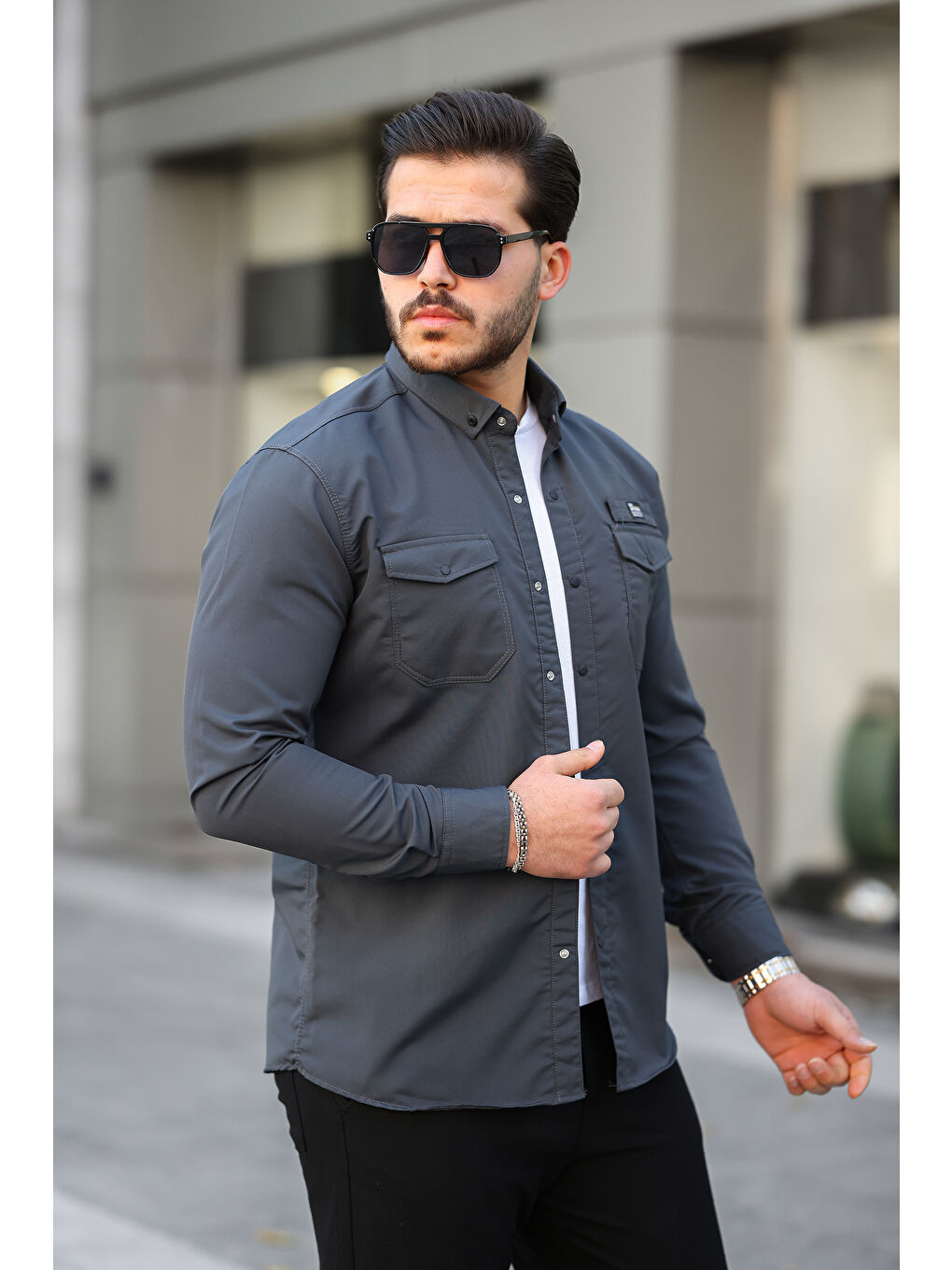 Antrasit Erkek Çift Cep Paraşüt Kumaş Gömlek-1