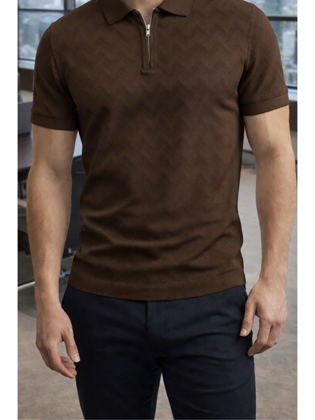Kahverengi Erkek Slim Fit Fermuarlı Polo Yaka Triko Tişört-1