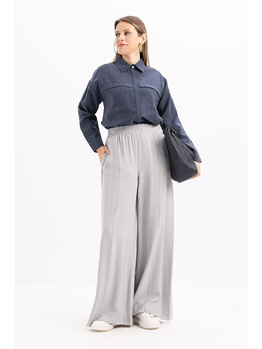 Gri-Beli Lastikli Geniş Paça Pantolon