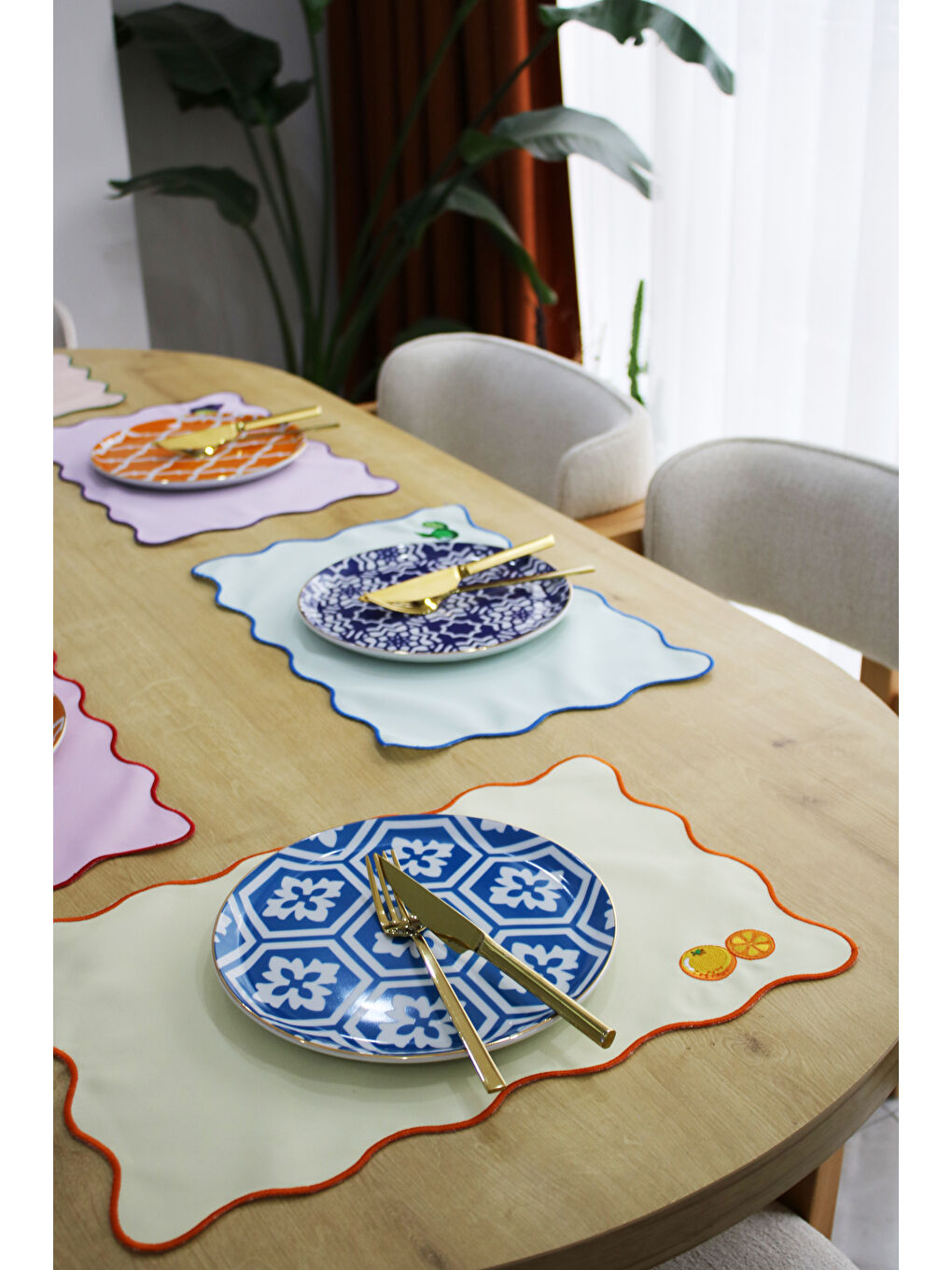 Bej Juvi Renkli Meyve Nakışlı Dalgalı 6'lı Amerikan Servis 30x45 cm Mutfak Sofra Takımı-2