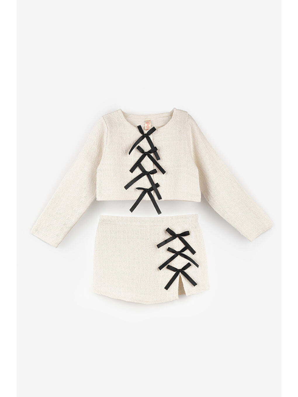 Ekru Krem  Fiyonk Detaylı Kız Çocuk Etek Ceket Takım - Silvana-4