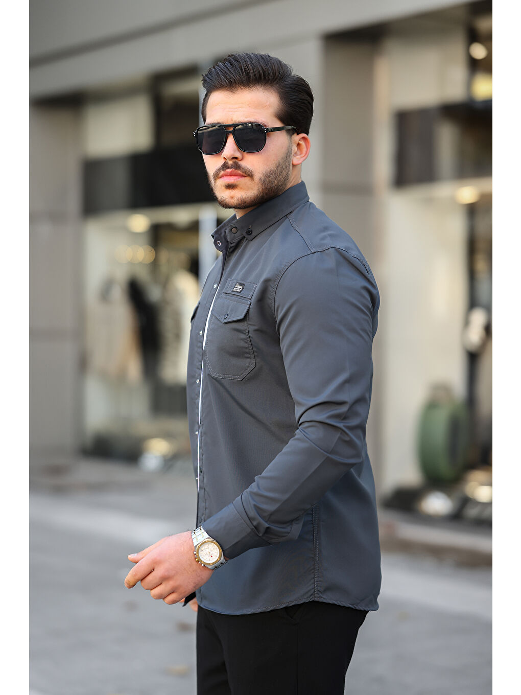 Antrasit Erkek Çift Cep Paraşüt Kumaş Gömlek-2