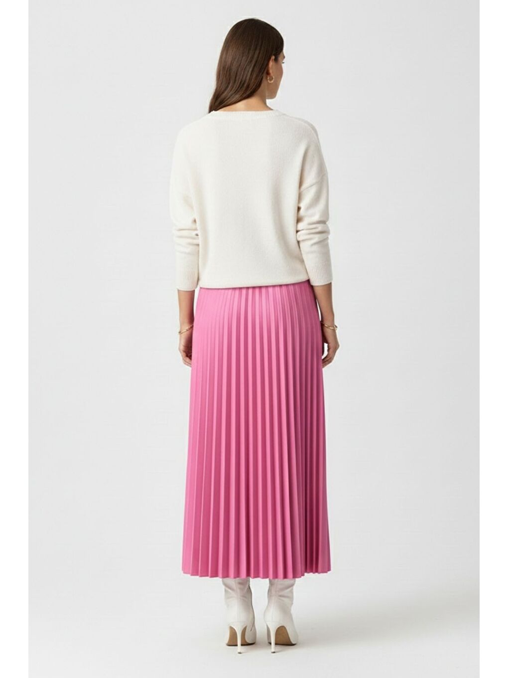 Deri Görünümlü Piliseli Pembe Maksi Etek-4