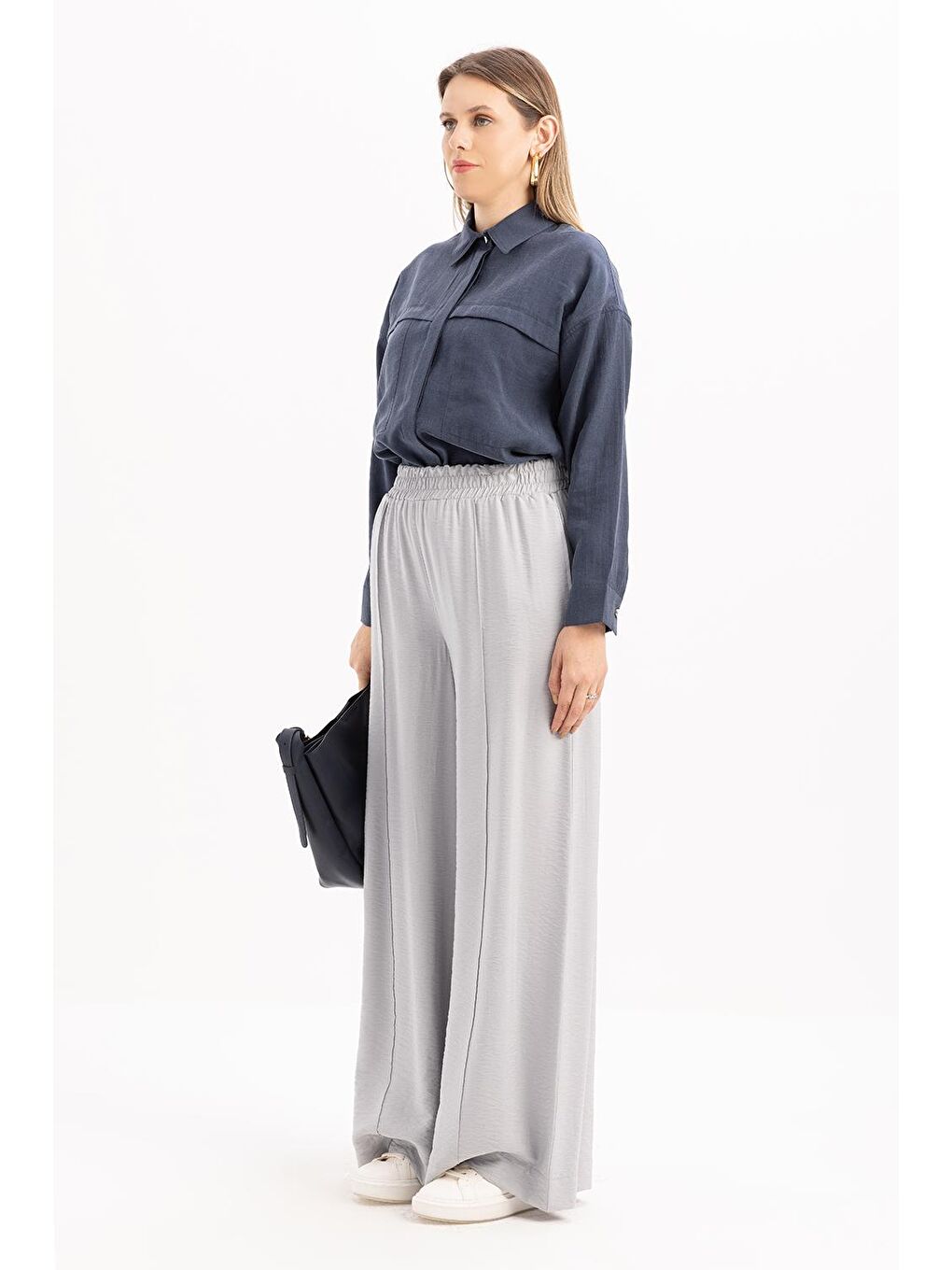 Gri-Beli Lastikli Geniş Paça Pantolon-2