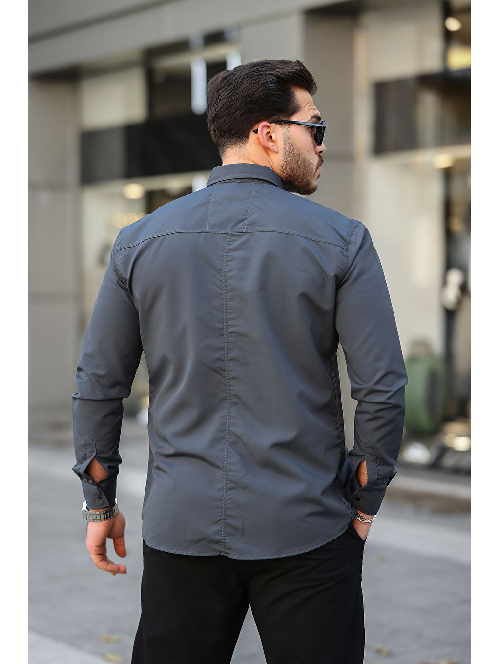 Antrasit Erkek Çift Cep Paraşüt Kumaş Gömlek-3