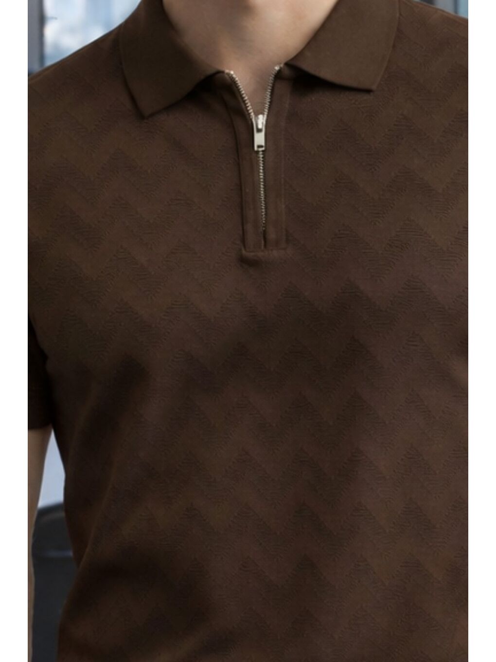 Kahverengi Erkek Slim Fit Fermuarlı Polo Yaka Triko Tişört-2