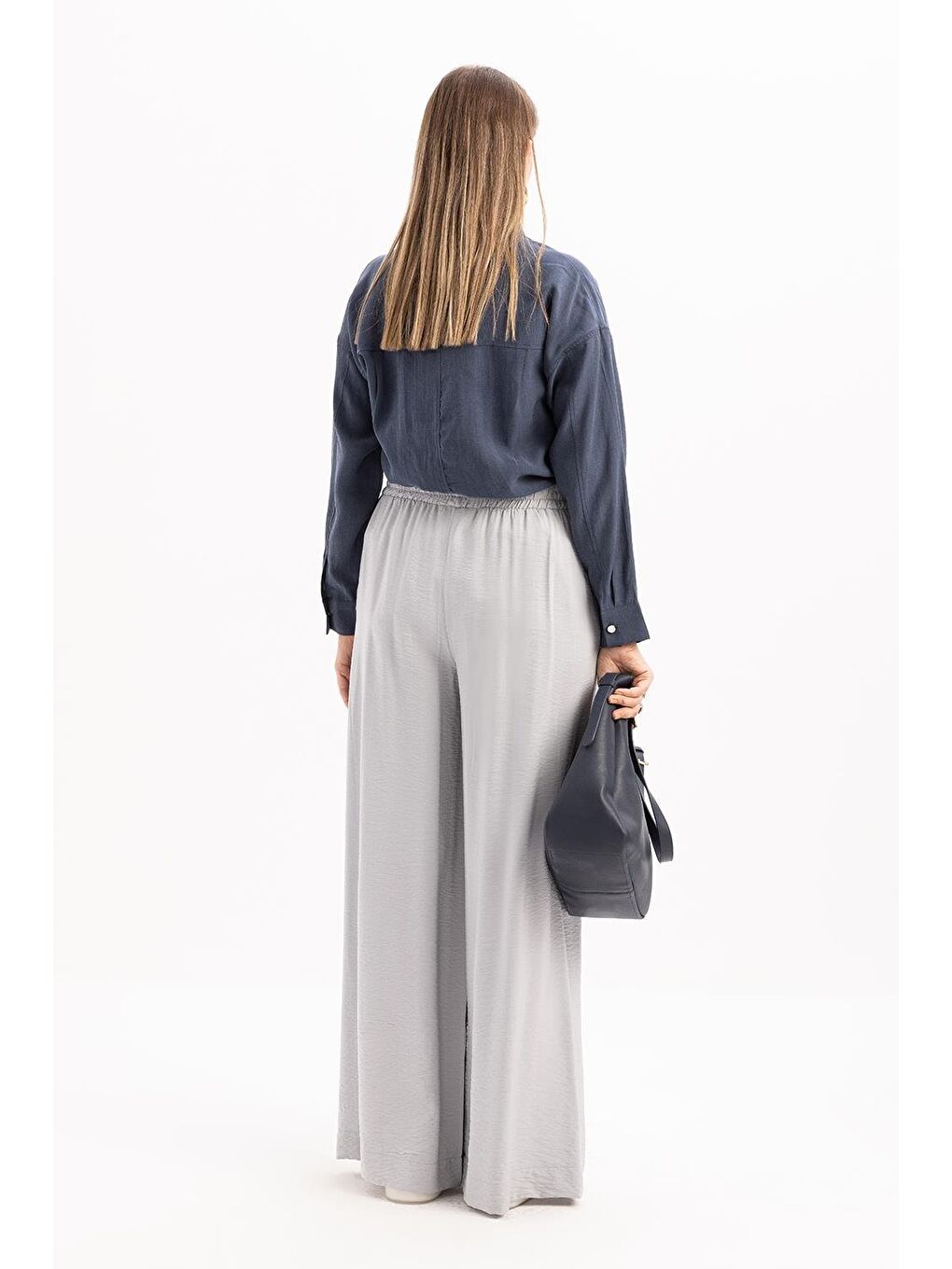 Gri-Beli Lastikli Geniş Paça Pantolon-3