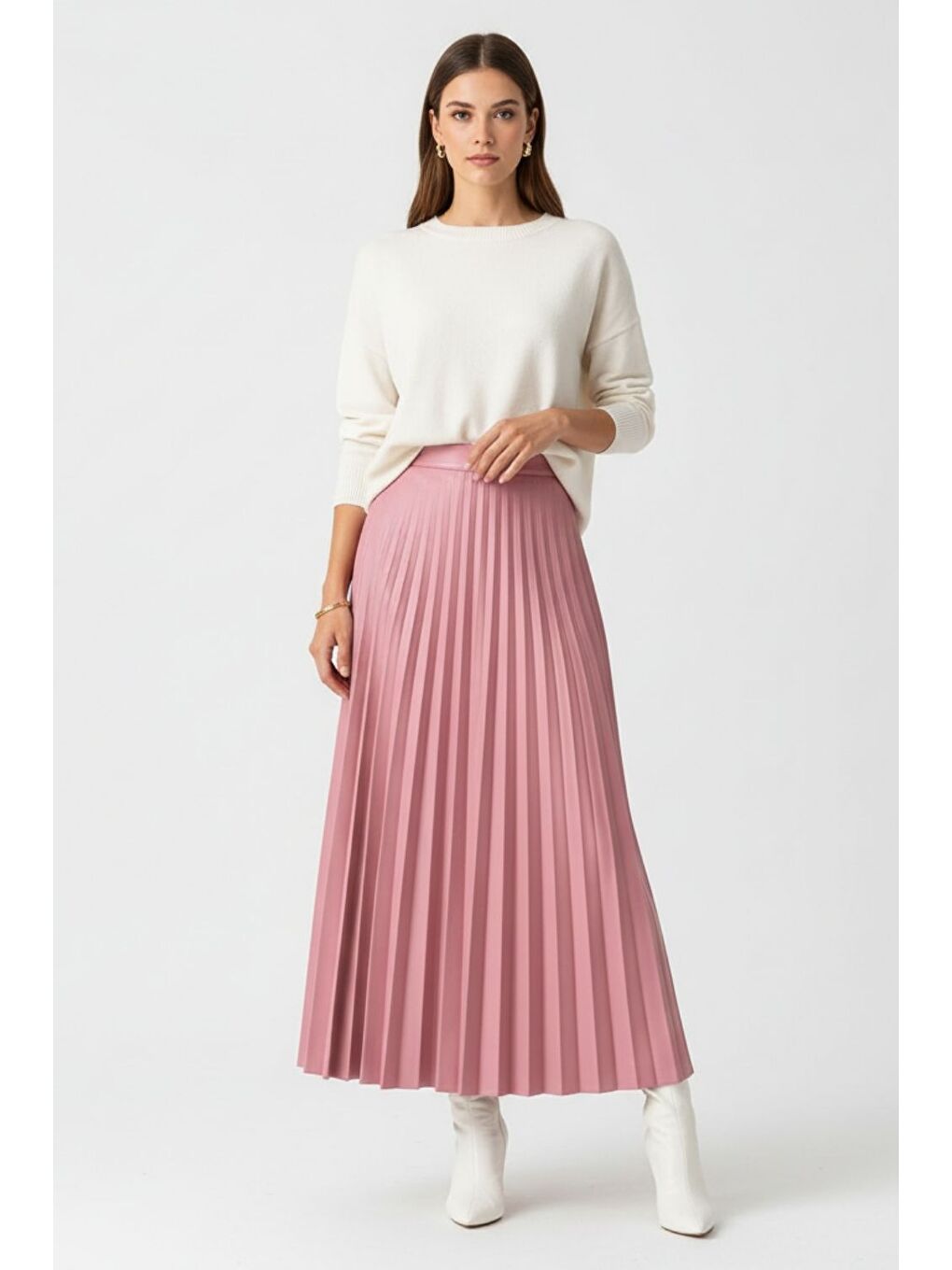 Pembe Deri Görünümlü Piliseli Pudra Maksi Etek-1