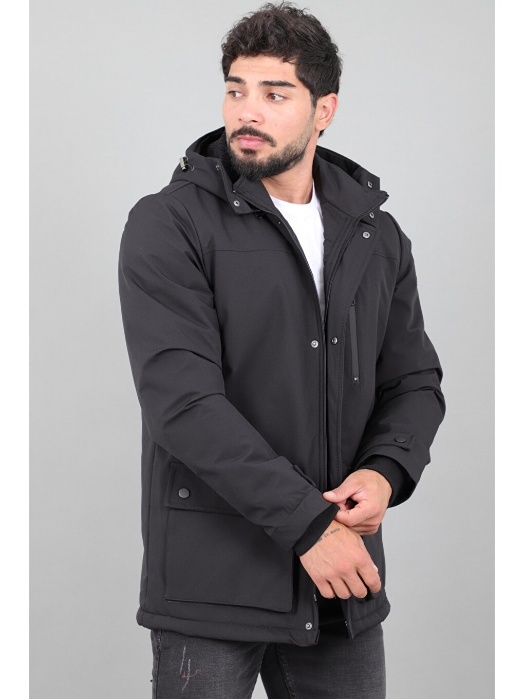 Siyah Box Kumaş Torba Cep İçi Kürklü Kışlık Mont Kaban Pldp 3037_50526-1