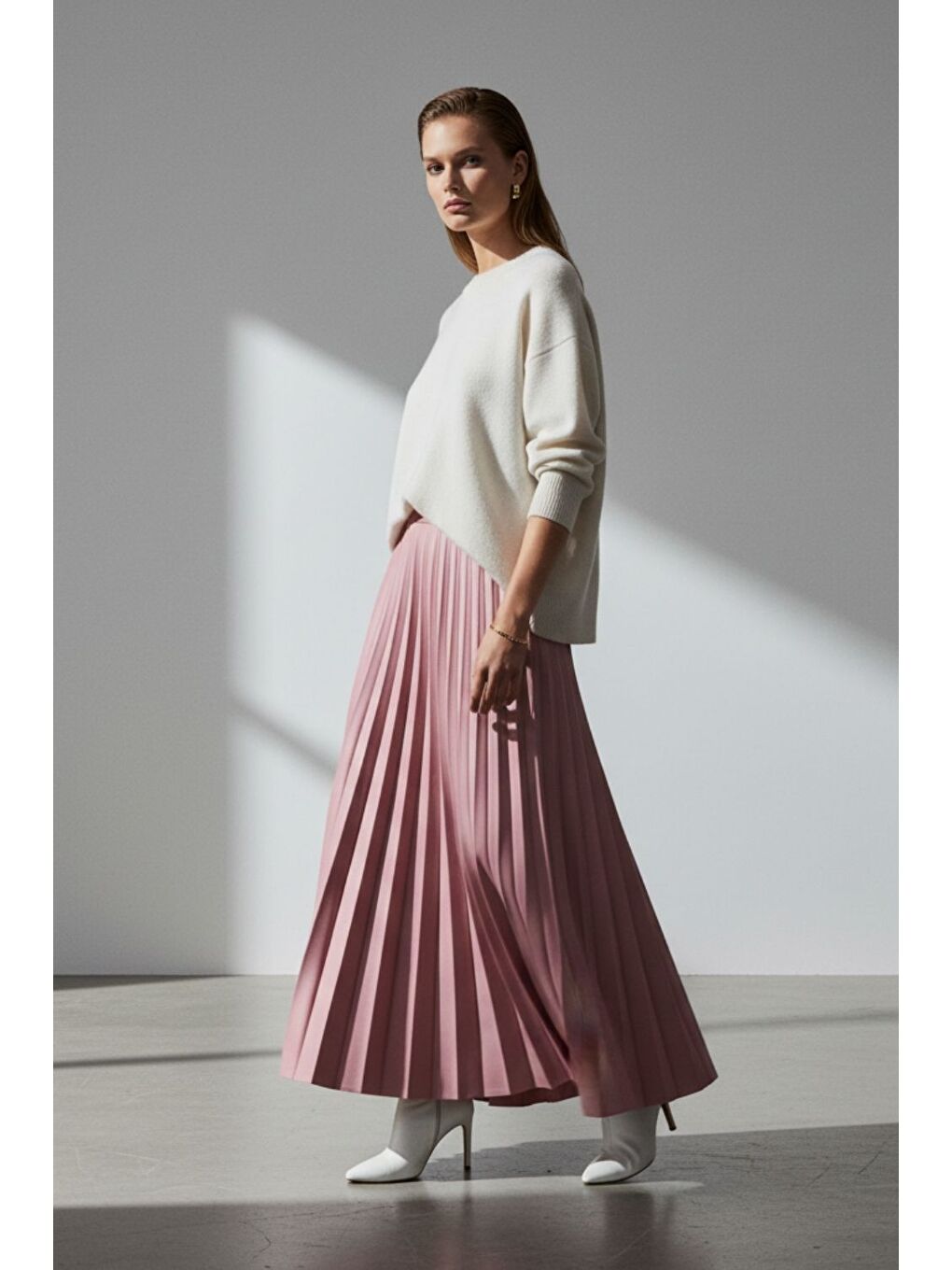 Pembe Deri Görünümlü Piliseli Pudra Maksi Etek-2