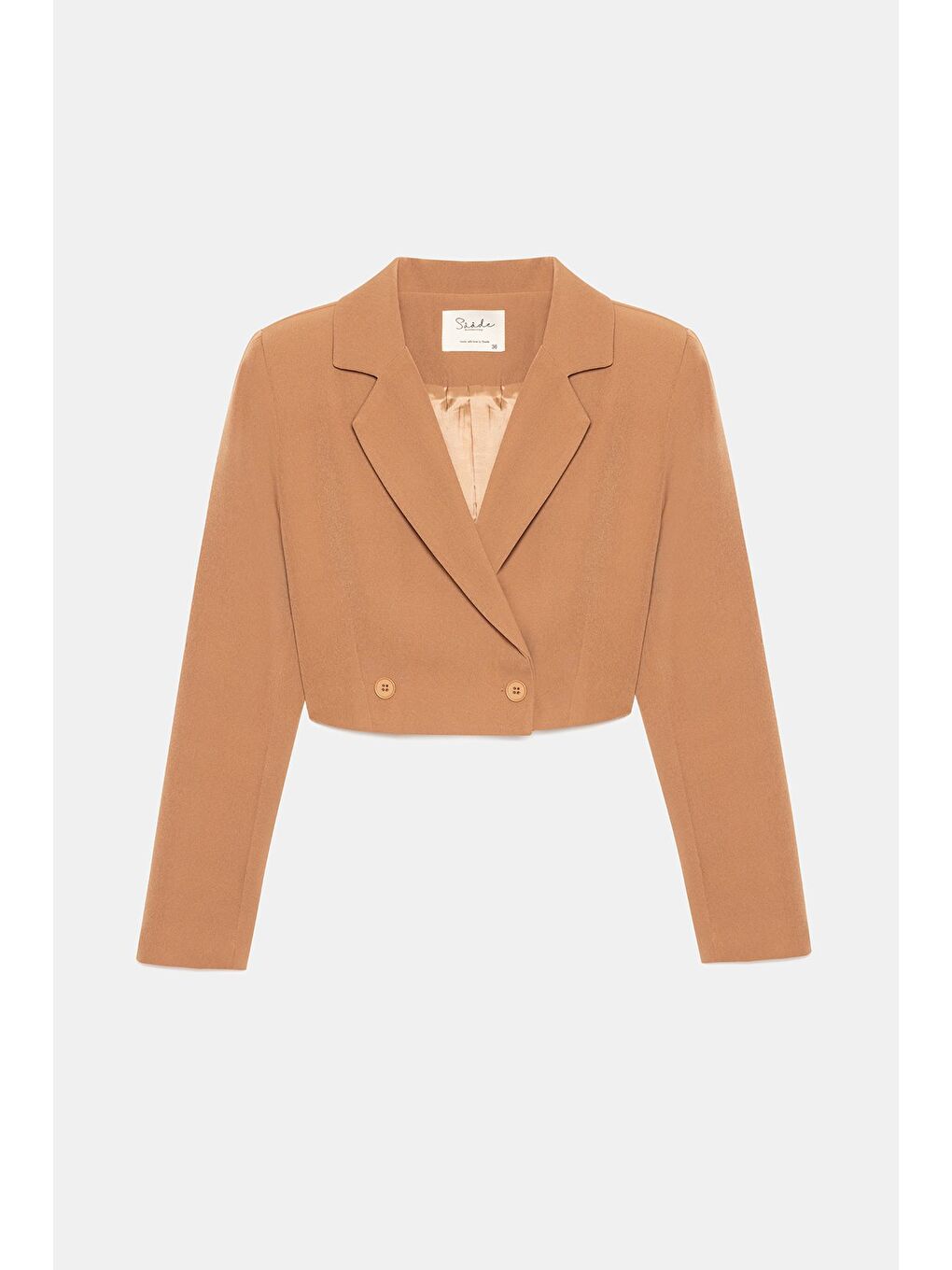 Kahverengi Kamel Kadın Regular Fit Kruvaze Kapama Dokuma Crop Blazer Ceket -Şık & Spor