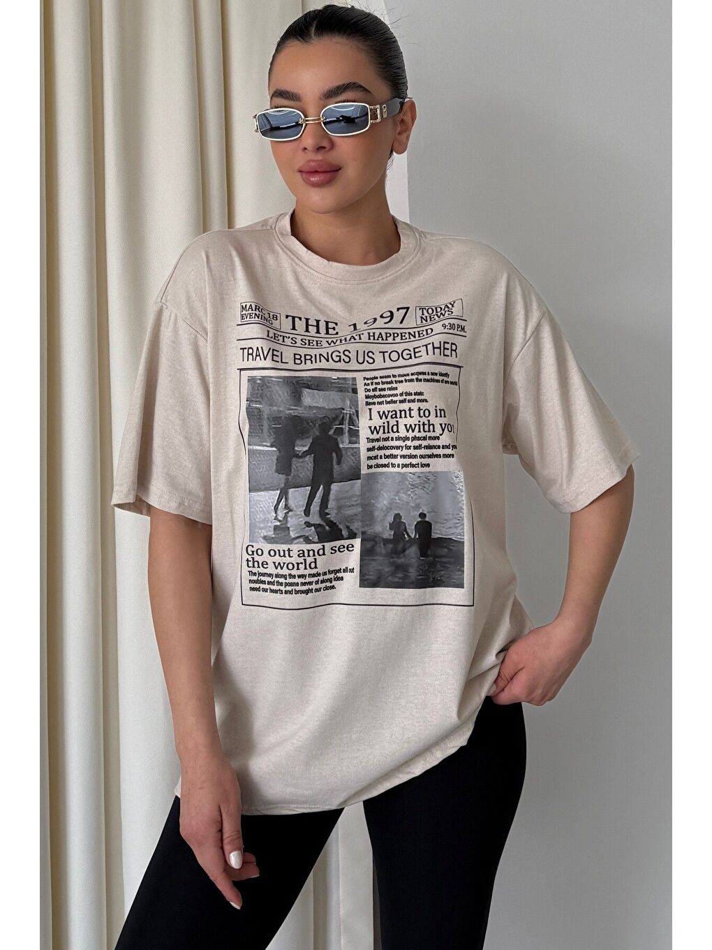 Kadın Bej Bisiklet Yaka 1997 Gazete Baskılı Oversize T Shirt