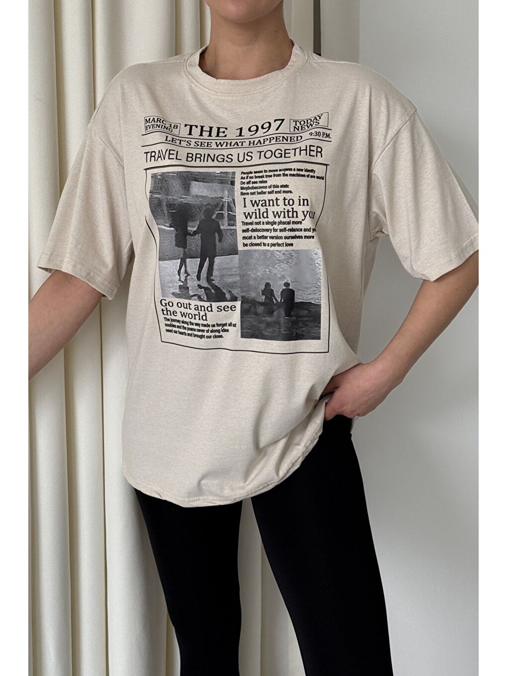 Kadın Bej Bisiklet Yaka 1997 Gazete Baskılı Oversize T Shirt-1