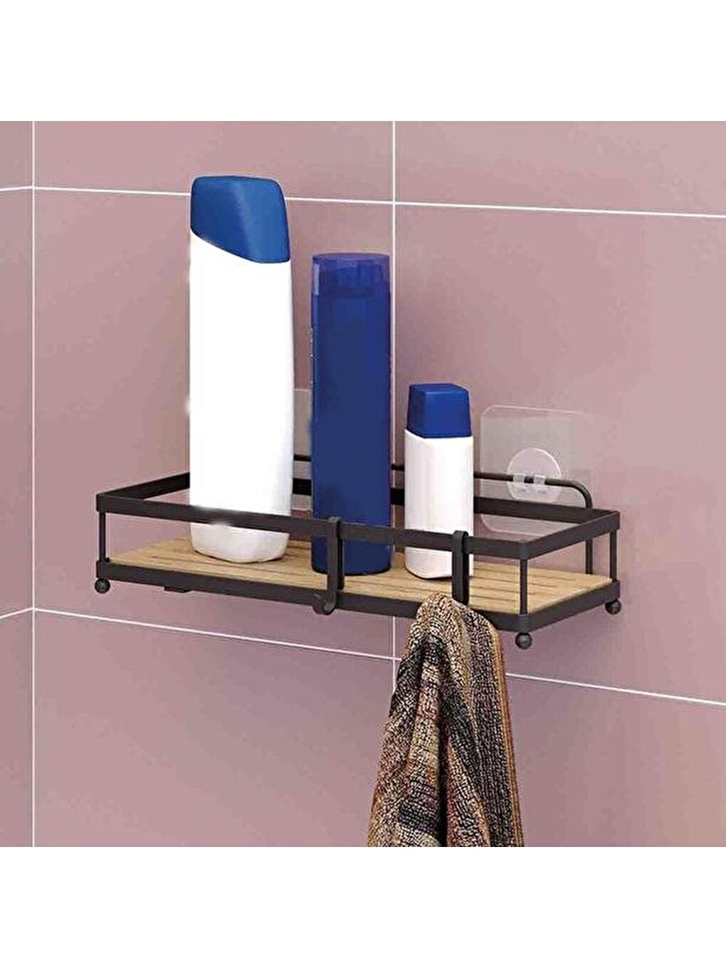 Ahşap Görünümlü Kancalı Banyo Duş Rafı - Siyah