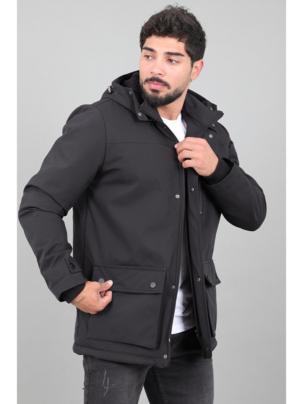 Siyah Box Kumaş Torba Cep İçi Kürklü Kışlık Mont Kaban Pldp 3037_50526-3