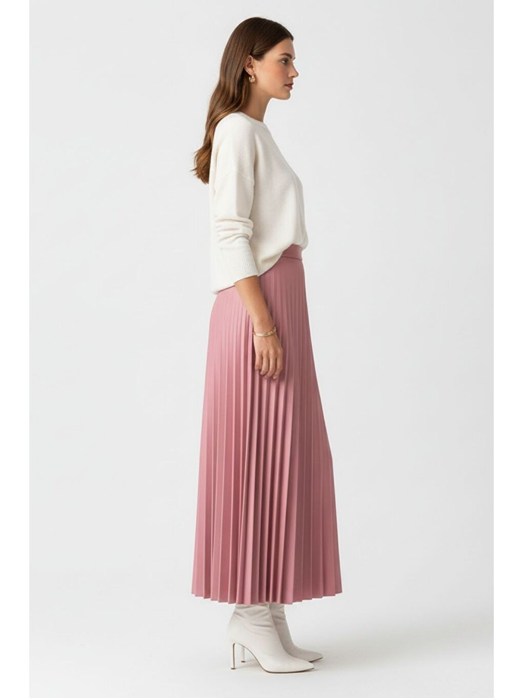 Pembe Deri Görünümlü Piliseli Pudra Maksi Etek-3