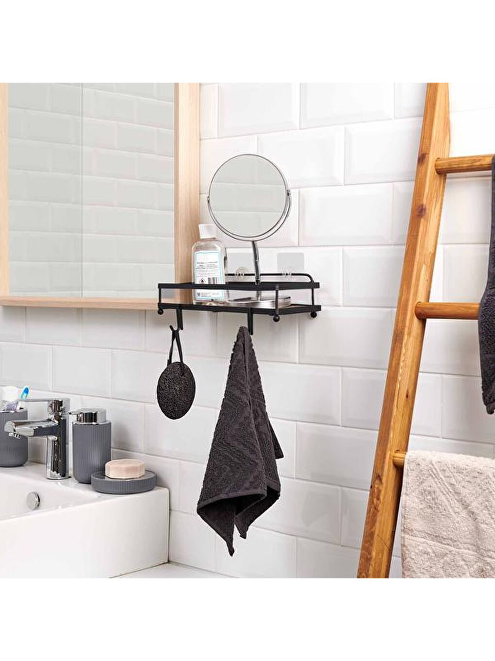 Ahşap Görünümlü Kancalı Banyo Duş Rafı - Siyah-1
