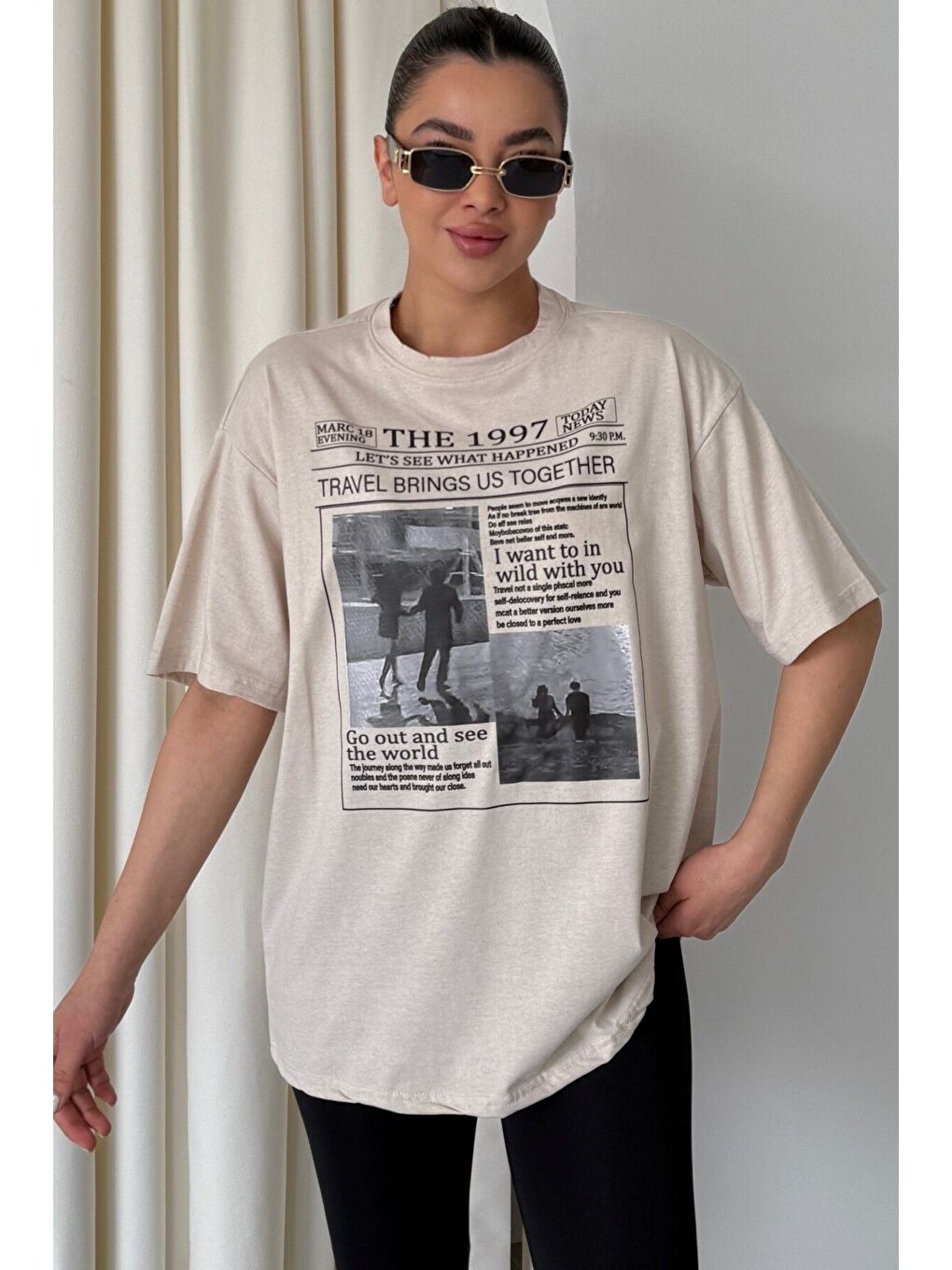 Kadın Bej Bisiklet Yaka 1997 Gazete Baskılı Oversize T Shirt-2