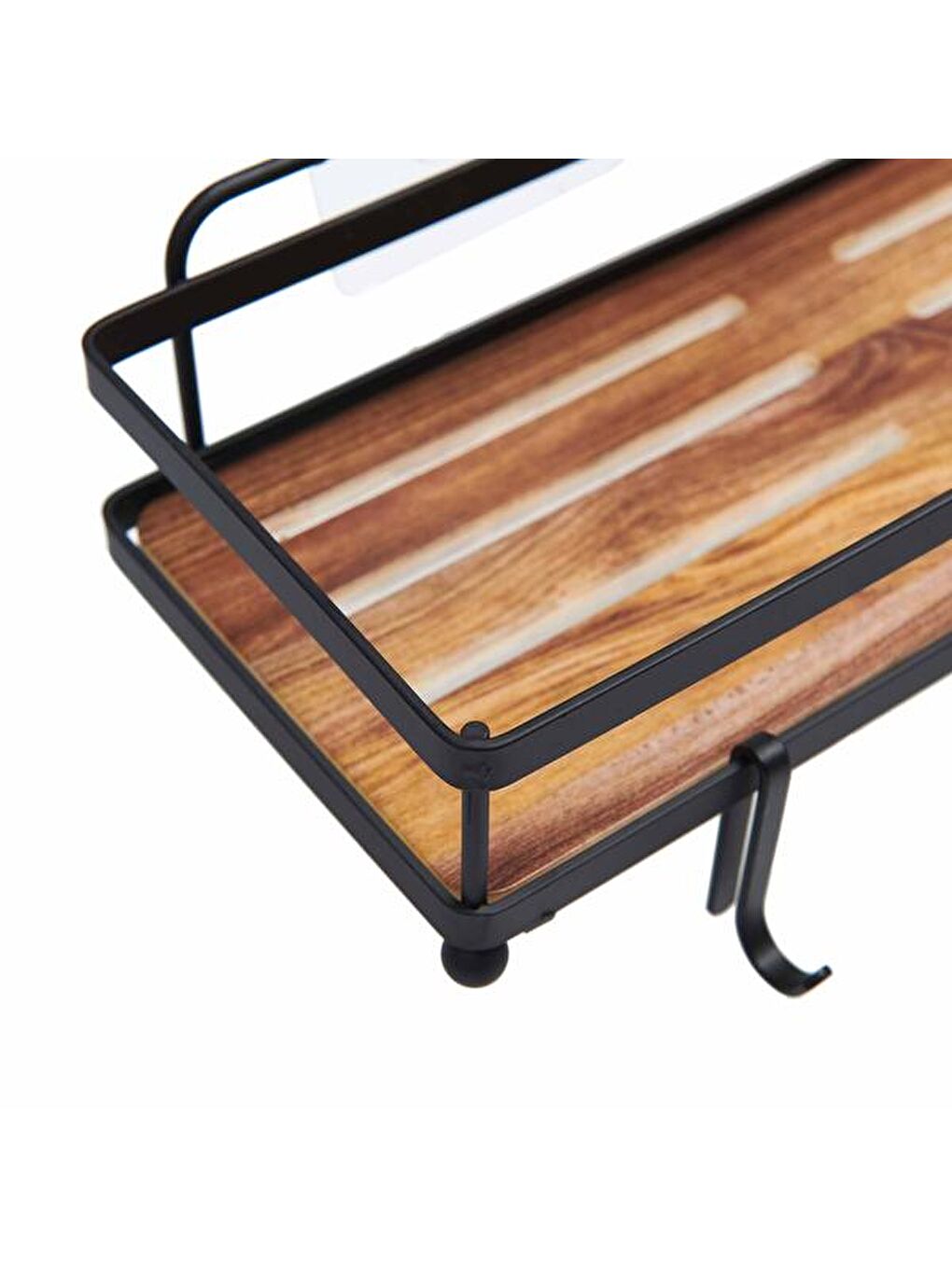 Ahşap Görünümlü Kancalı Banyo Duş Rafı - Siyah-4