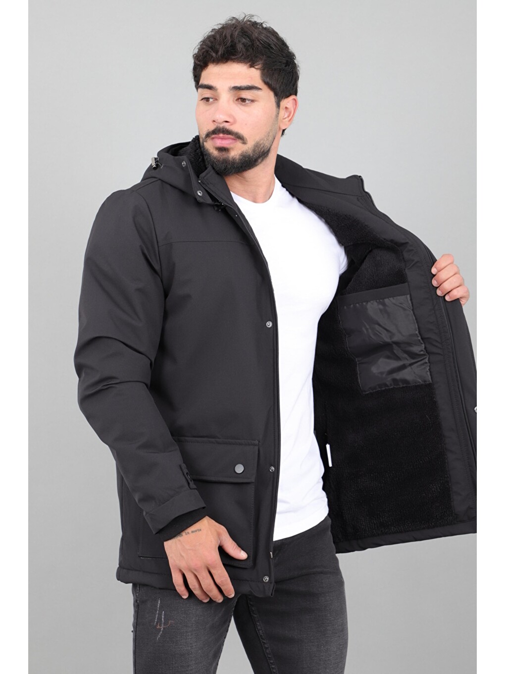 Siyah Box Kumaş Torba Cep İçi Kürklü Kışlık Mont Kaban Pldp 3037_50526-4