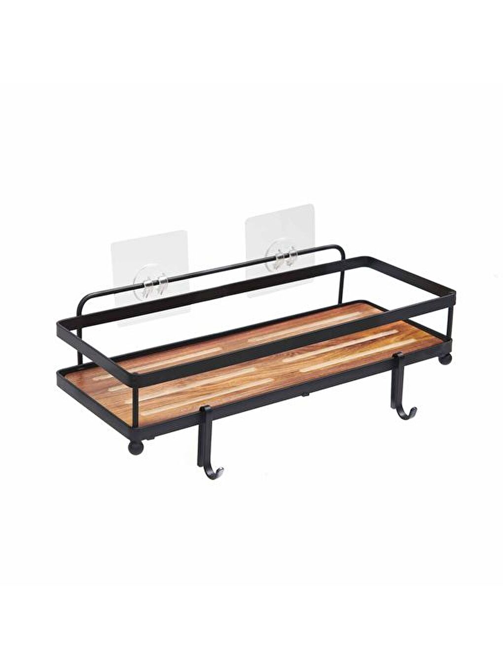 Ahşap Görünümlü Kancalı Banyo Duş Rafı - Siyah-6