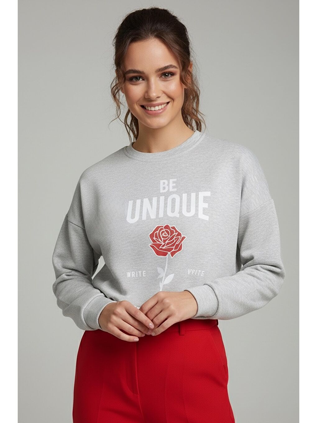 Baskılı İki İplik Sweatshirt Gri - 27992-GRI