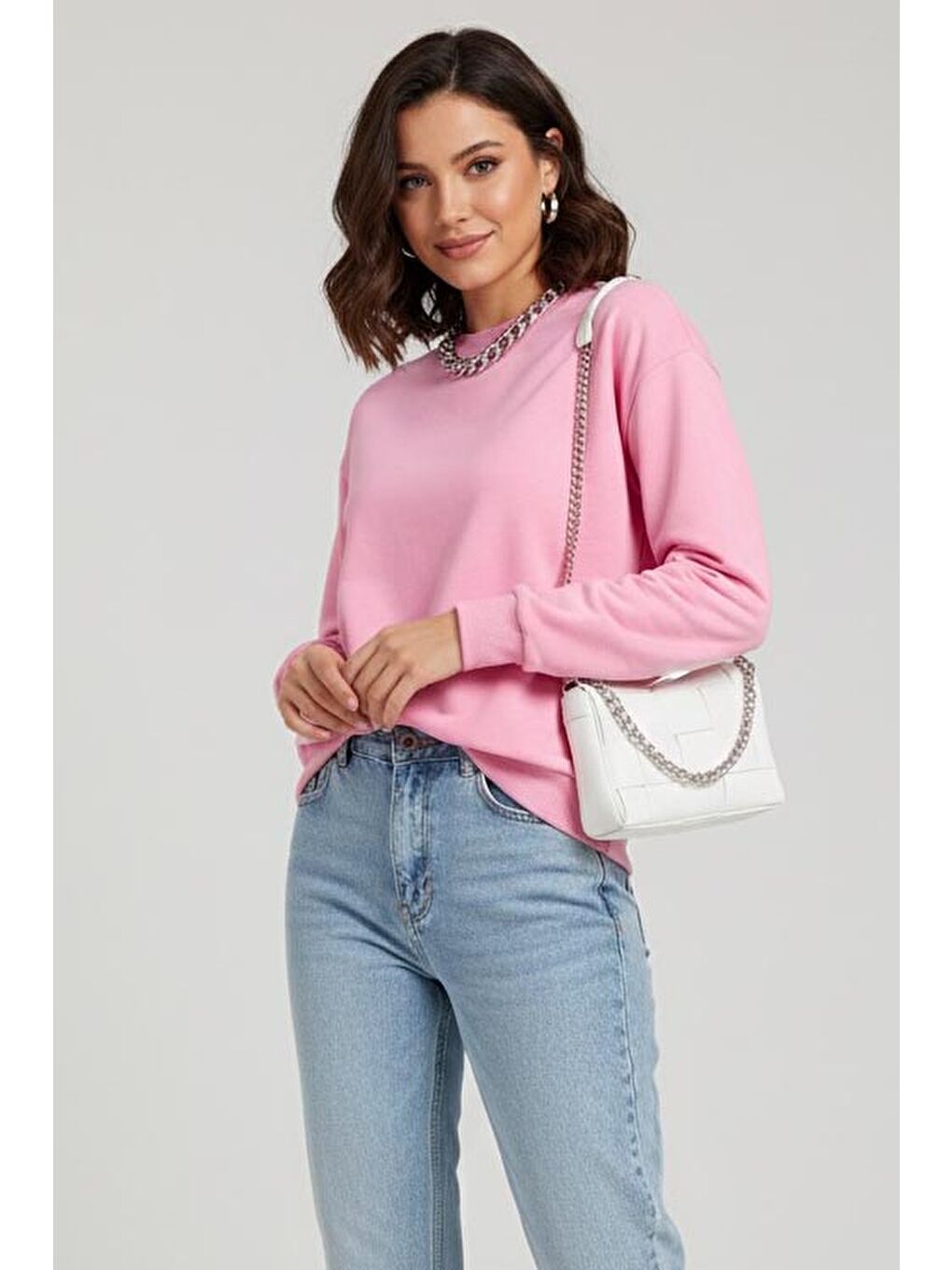 Kadın Bisiklet Yaka Oversize Sweatshirt Pembe - 27955-PEMBE