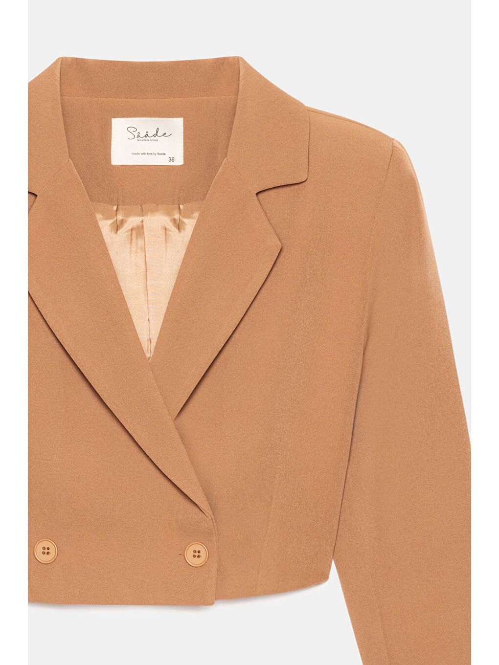 Kahverengi Kamel Kadın Regular Fit Kruvaze Kapama Dokuma Crop Blazer Ceket -Şık & Spor-1