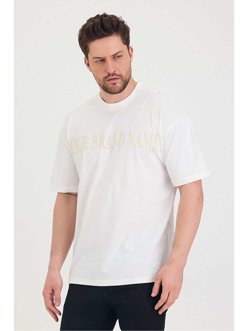 Beyaz Bisiklet Yaka Oversize Ön ve Arka Dolar Baskılı Salaş Unisex Tişört