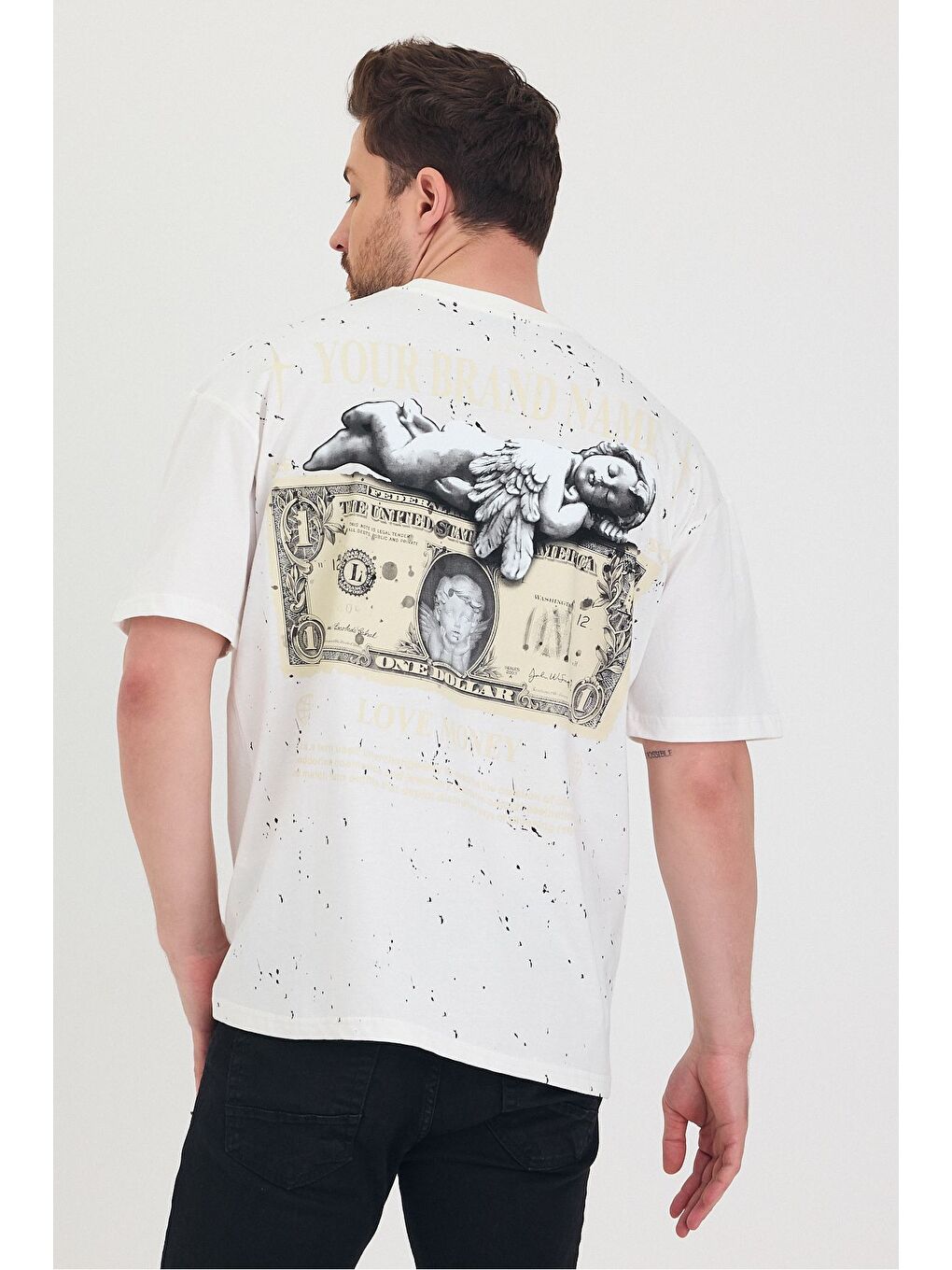 Beyaz Bisiklet Yaka Oversize Ön ve Arka Dolar Baskılı Salaş Unisex Tişört-1