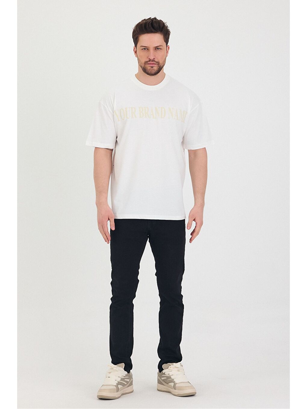 Beyaz Bisiklet Yaka Oversize Ön ve Arka Dolar Baskılı Salaş Unisex Tişört-2