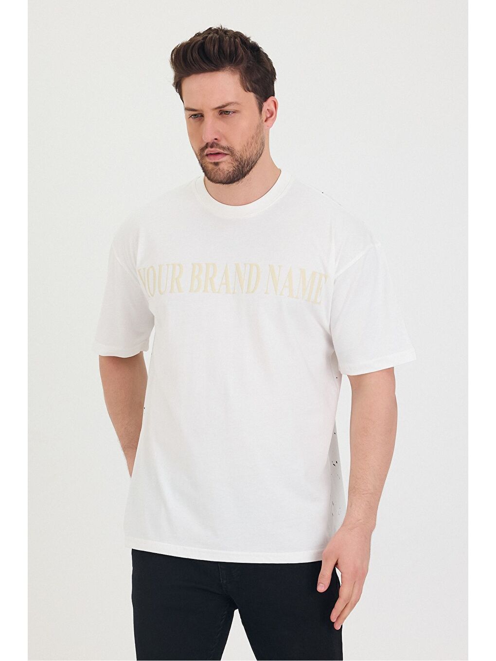 Beyaz Bisiklet Yaka Oversize Ön ve Arka Dolar Baskılı Salaş Unisex Tişört-3