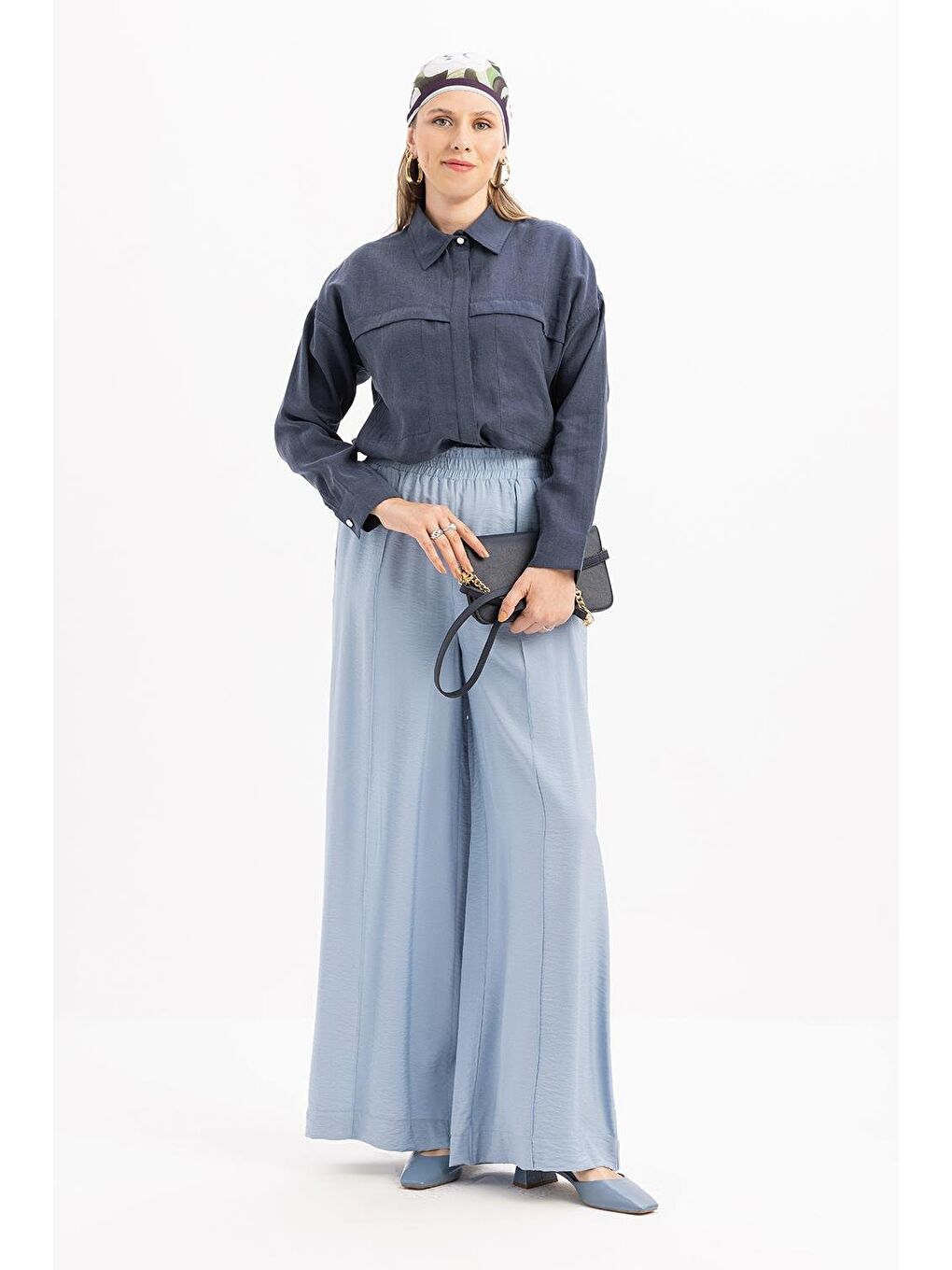 Mavi-Beli Lastikli Geniş Paça Pantolon-1